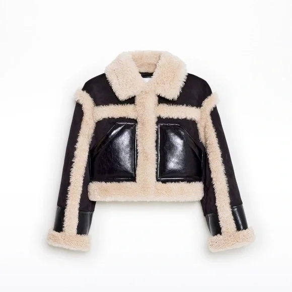 Stand Studio Black Faux Leather Shearling Edith Jacket Cropped 6/42 IT - Picture 3 of 5